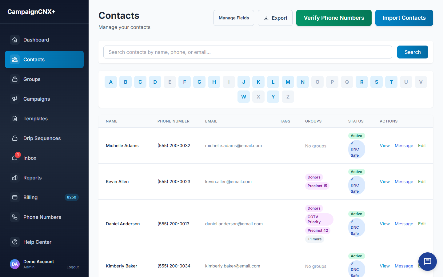 CampaignCNX+ contacts table showing tagged contacts with DNC-safe status and precinct assignments