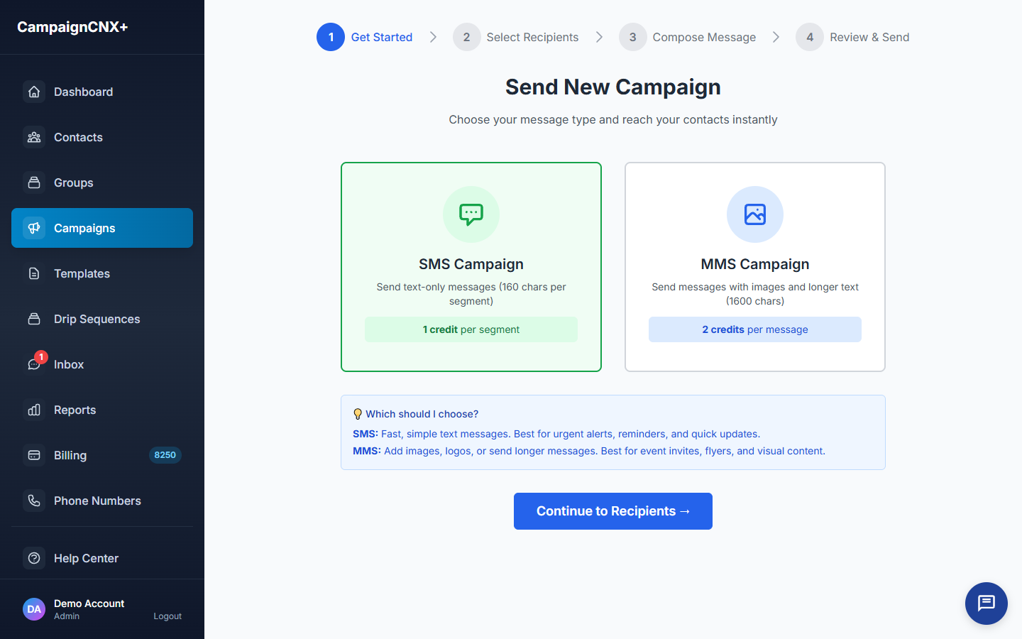 CampaignCNX+ campaign composer showing the four-step flow: Get Started, Select Recipients, Compose Message, Review & Send
