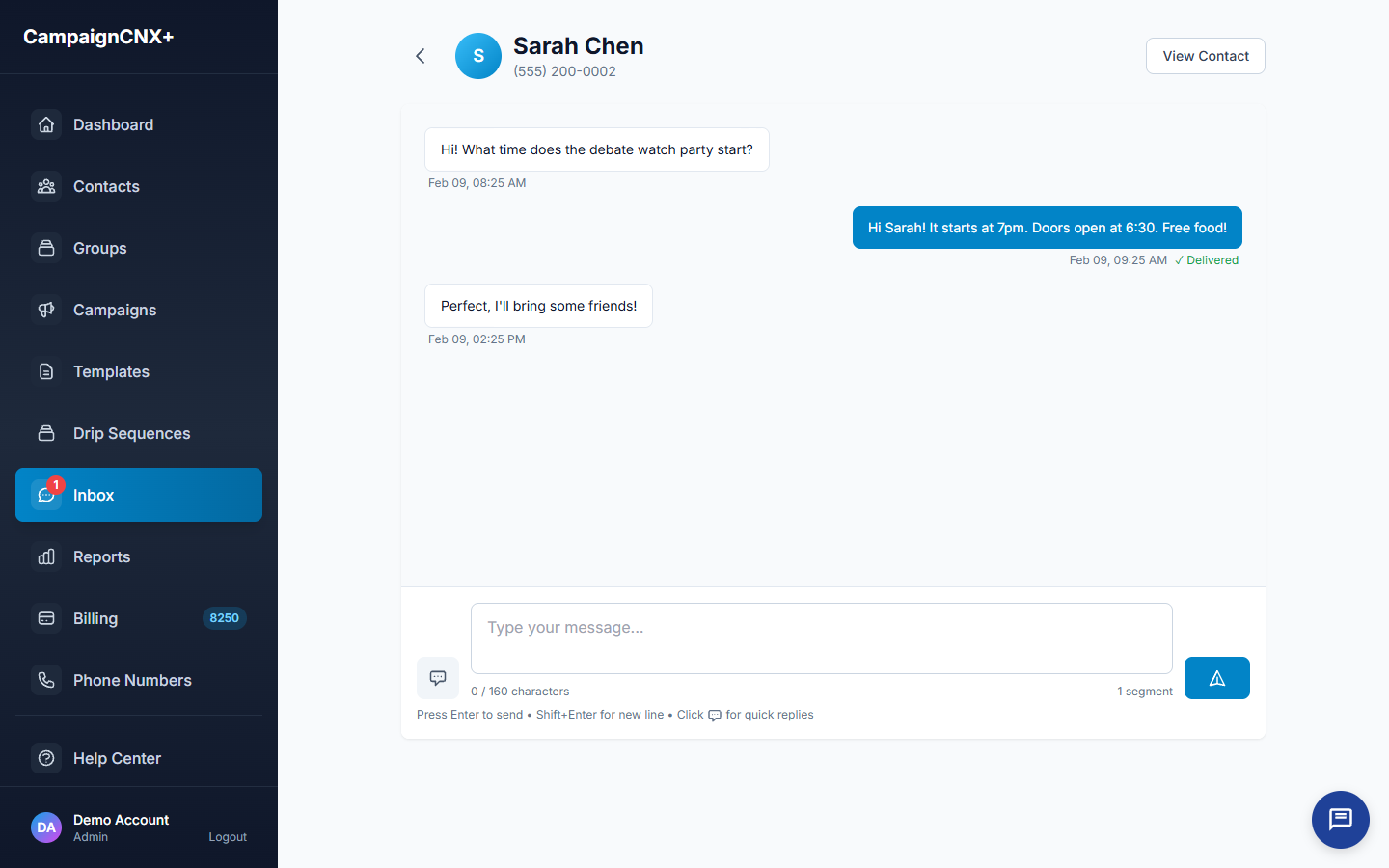CampaignCNX+ two-way inbox showing a threaded SMS conversation with inbound and outbound messages and delivery status