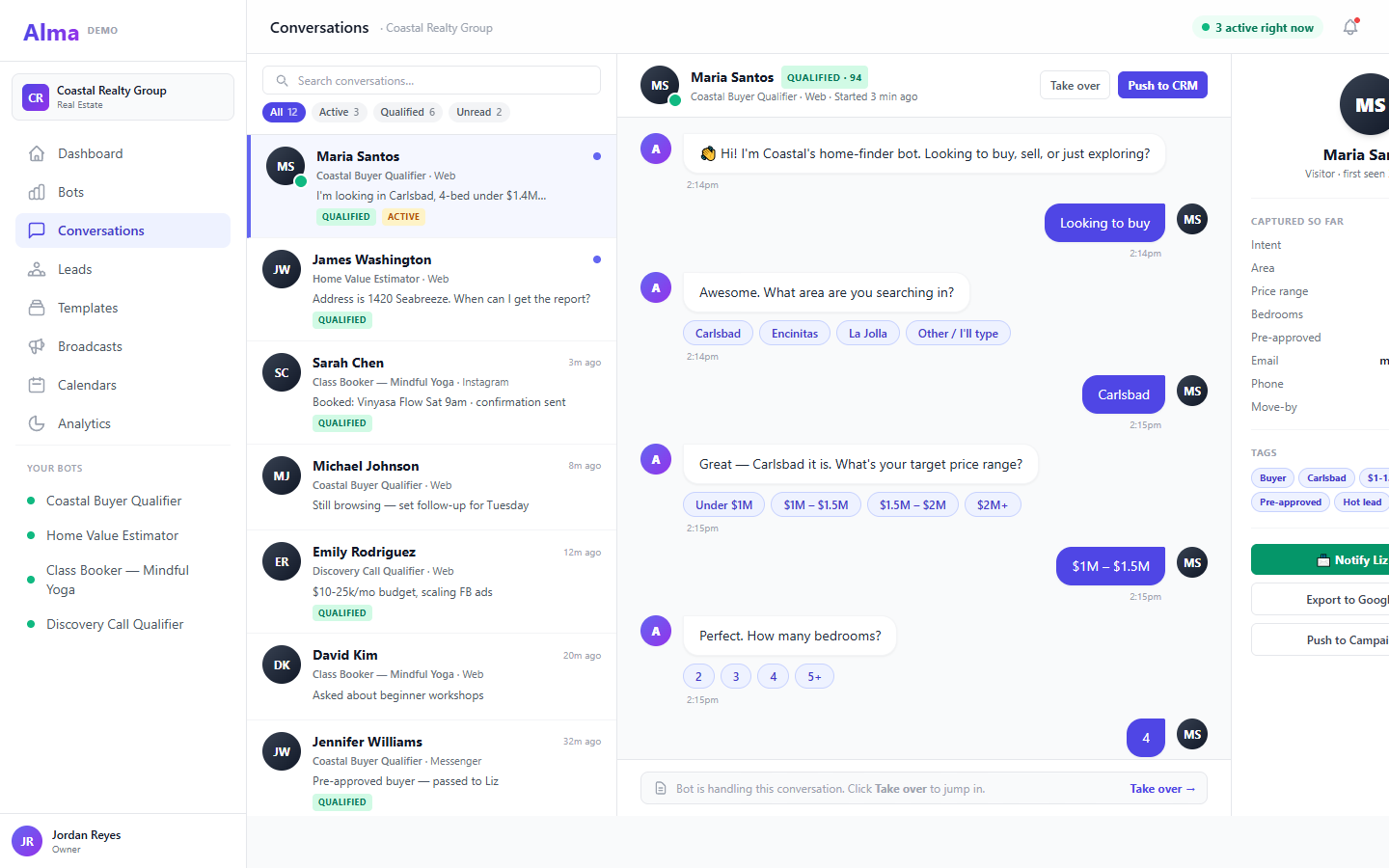Alma AI-assisted SMS reply triage view — inbound SMS replies sorted by topic with auto-answered routine messages and escalations for the human team