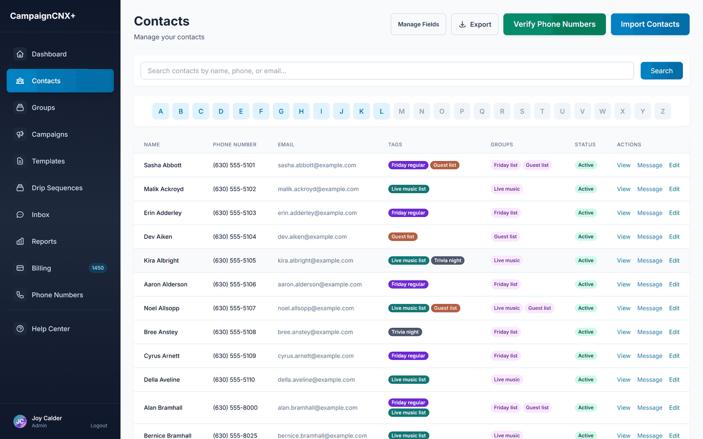Venue contact list built from door opt-ins, each record tagged Friday regular, Live music list, Guest list, or Trivia night and assigned to a Friday list, Live music, or Guest list group