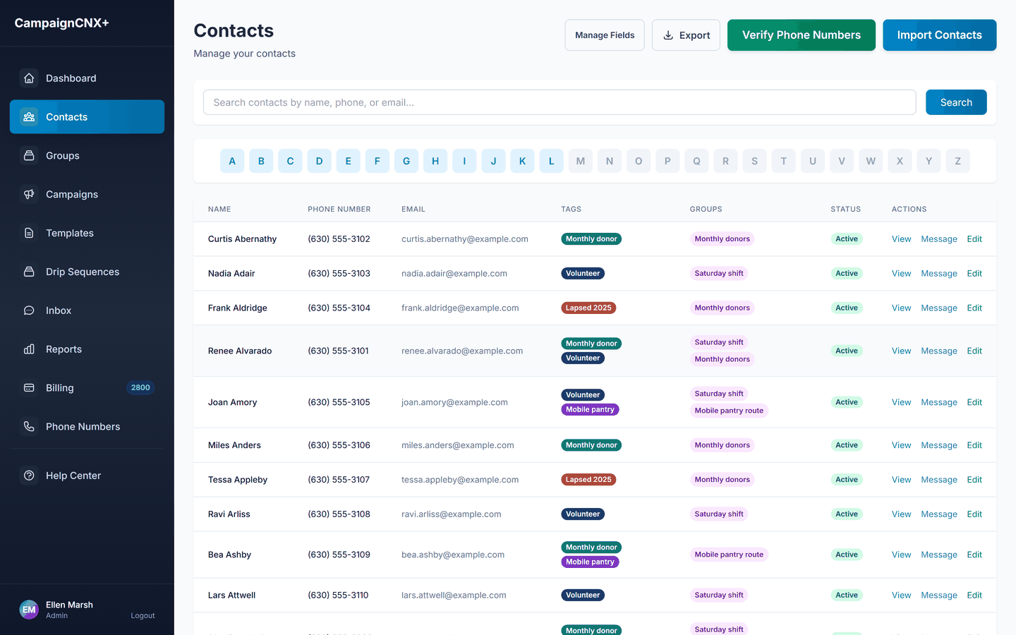 Food bank contact list with each record tagged Monthly donor, Volunteer, Lapsed 2025, or Mobile pantry and assigned to a Saturday shift, Monthly donors, or Mobile pantry route group, all showing active opt-in status