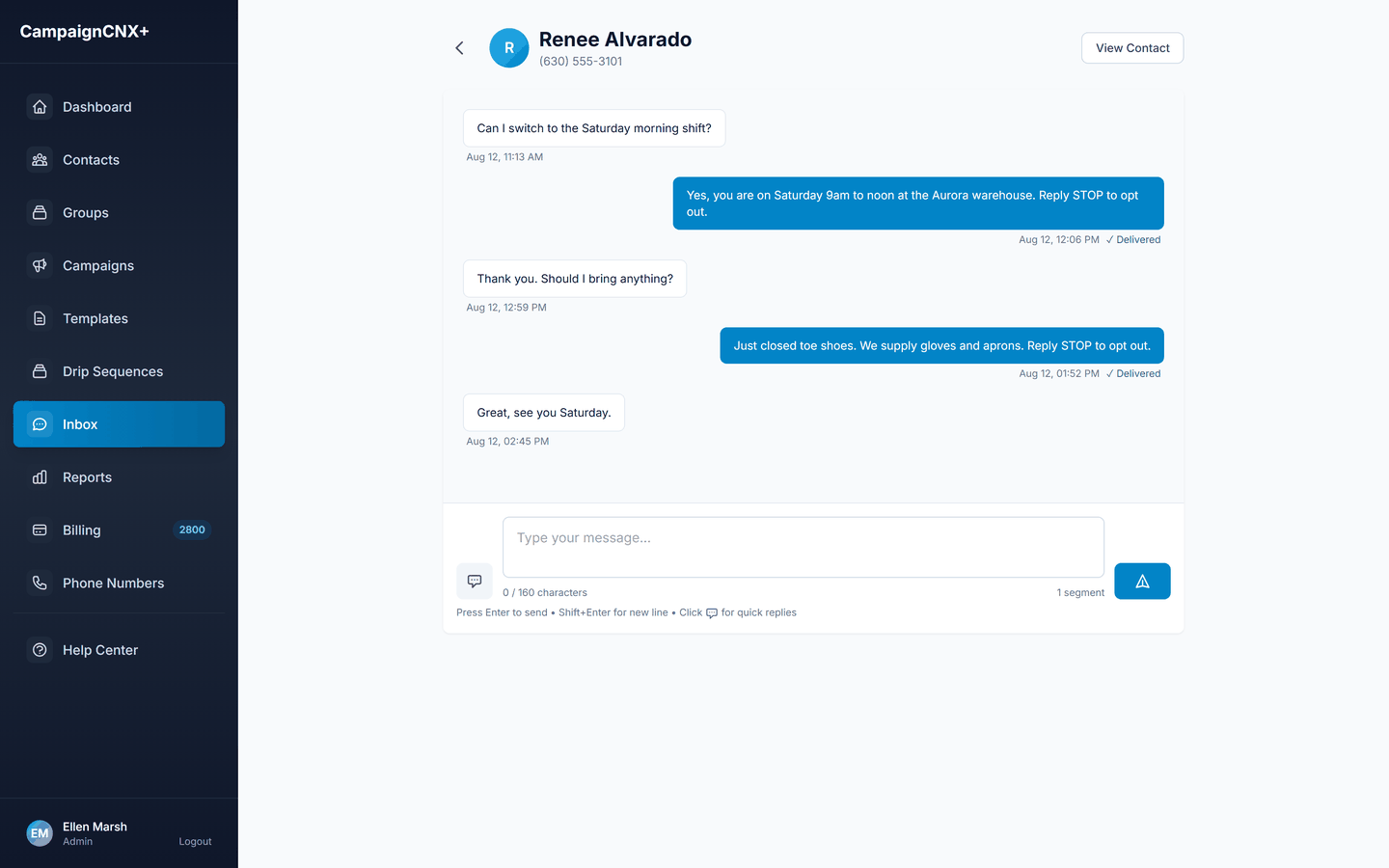 Two-way SMS inbox thread where a volunteer asks to move to the Saturday morning shift and the food bank coordinator confirms the 9am to noon slot at the Aurora warehouse