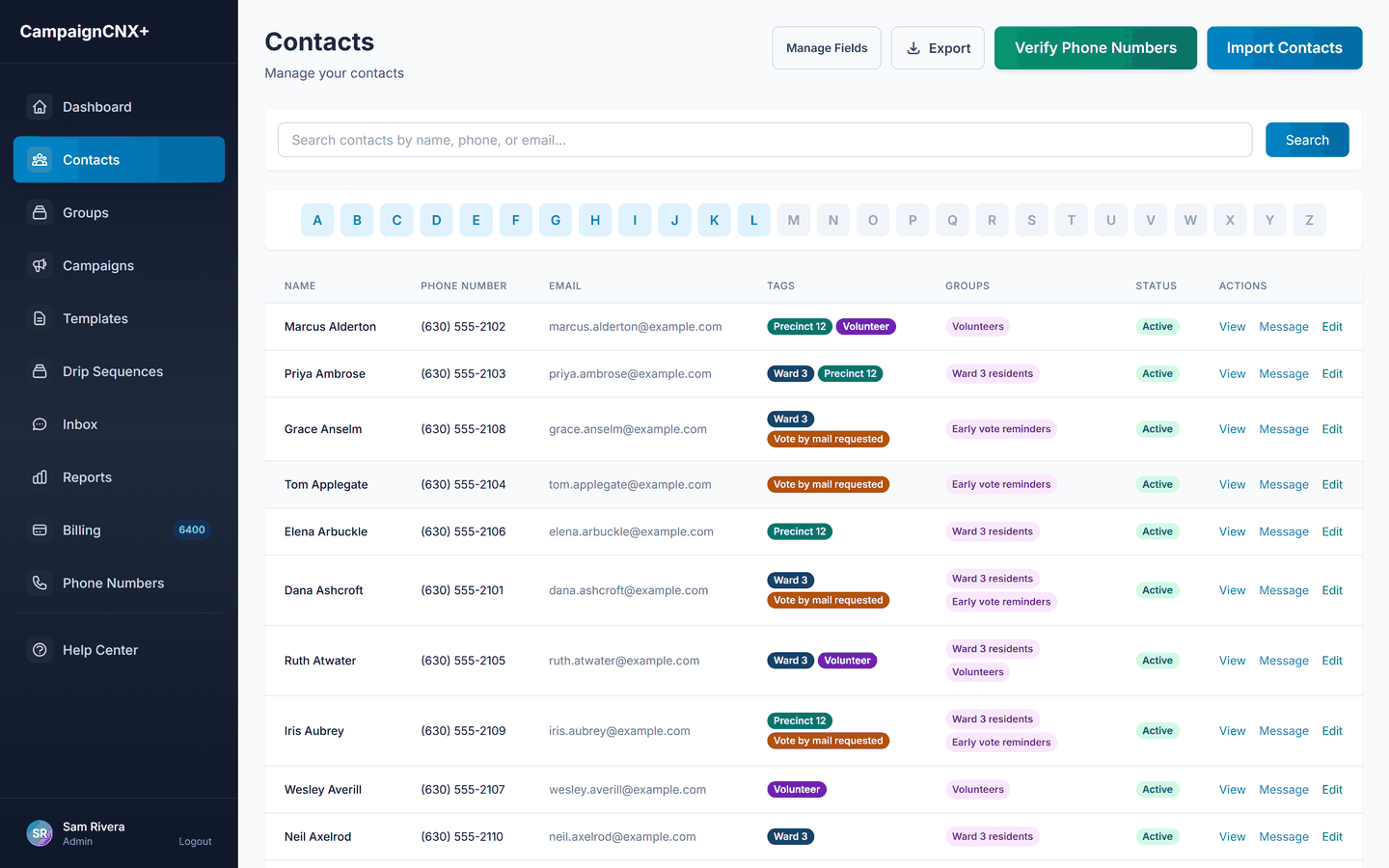 Contact list for a local council campaign, each record carrying geographic tags such as Ward 3 and Precinct 12 plus group membership and active opt-in status