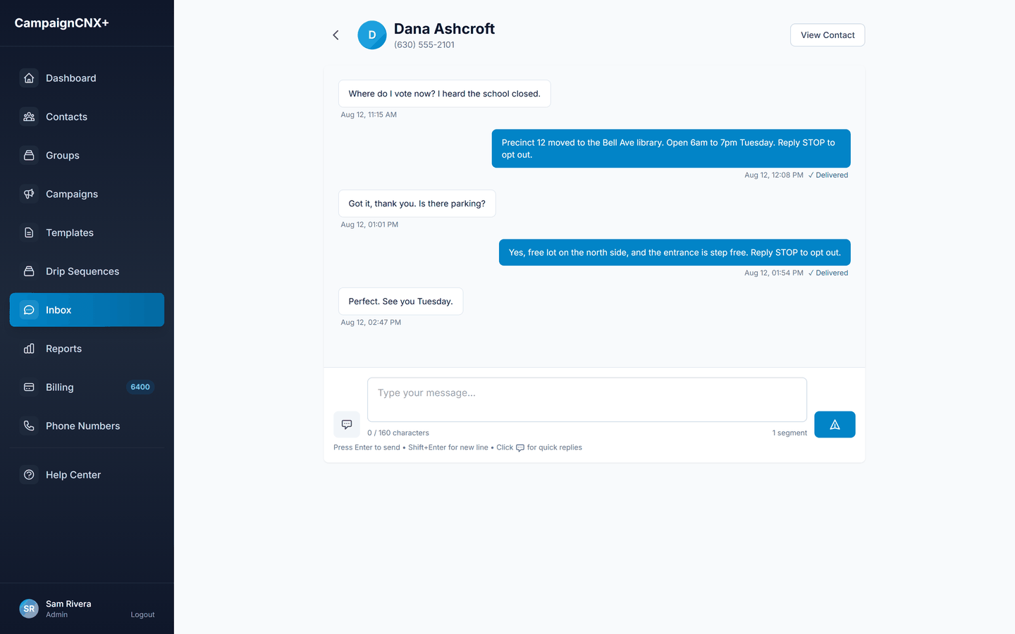 Two-way SMS inbox thread where a voter asks where to vote after a polling place closed and the campaign answers with the Bell Ave library hours and parking, the reply traffic a field director works in the final 72 hours