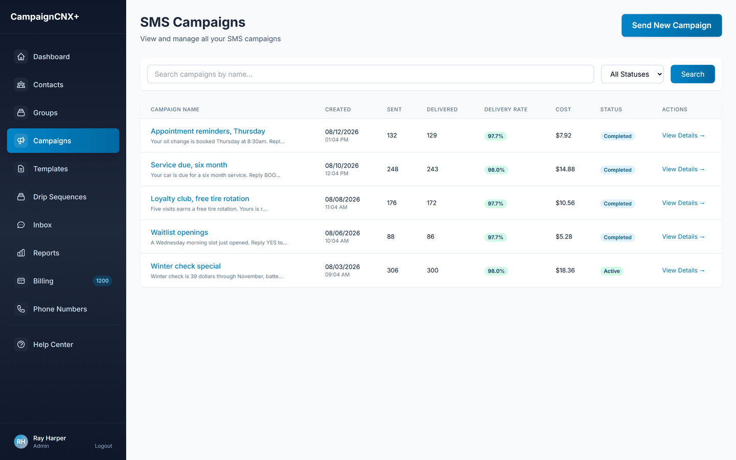 Auto shop SMS campaign history listing Thursday appointment reminders, six-month service-due notices, a loyalty club tire rotation offer, waitlist openings, and a winter check special, each with sent count, delivery rate, and cost