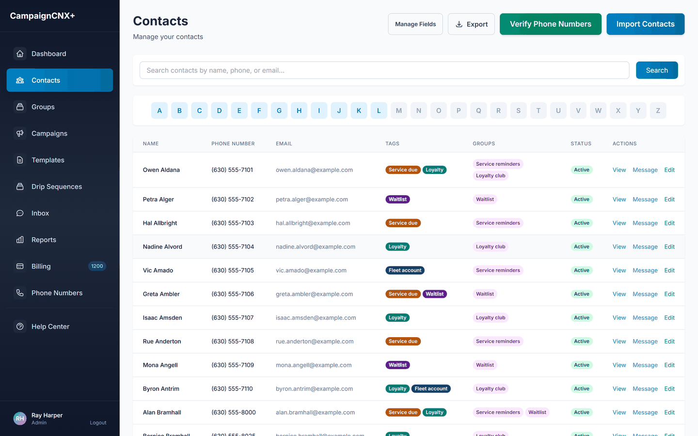 Business SMS contacts table for an auto shop, each customer tagged Service due, Loyalty, Waitlist, or Fleet account and segmented into a Service reminders, Loyalty club, or Waitlist group